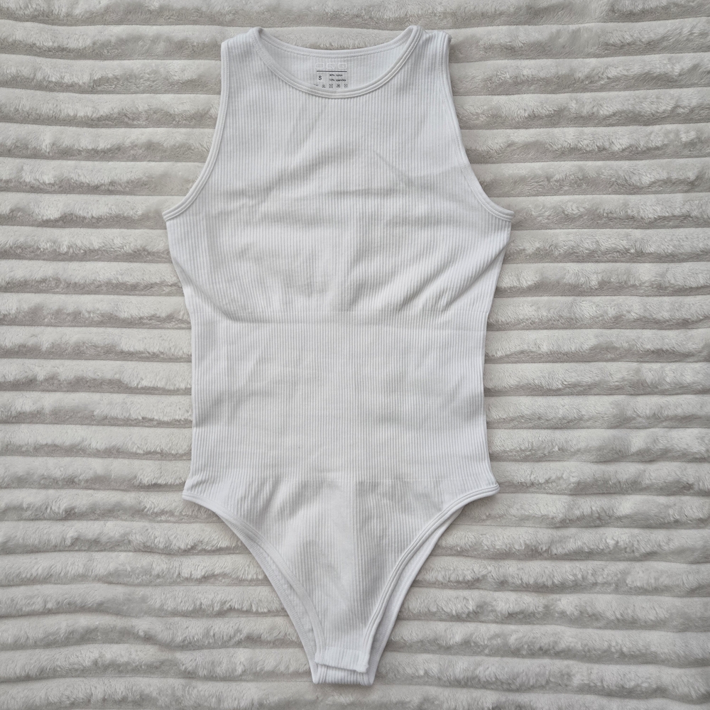 White High-Neck Ribbed Bodysuit | Wardrobe Staple, Goes With Everything, Size S